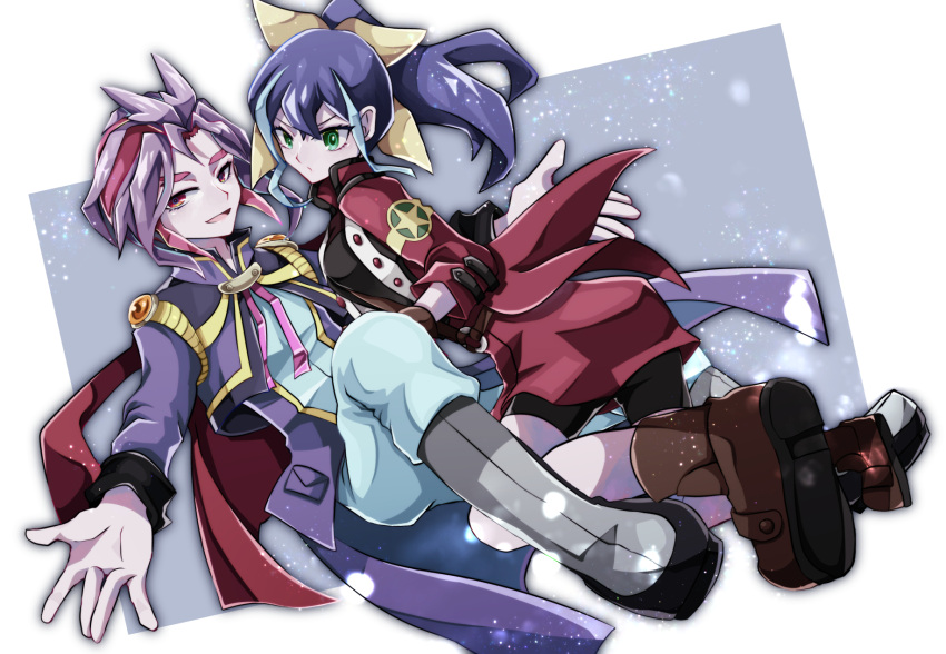 1boy, 1girl, bike_shorts, black_shorts, blue_hair, boots, brown_footwear, duel_academy_uniform_(yu-gi-oh!_arc-v)