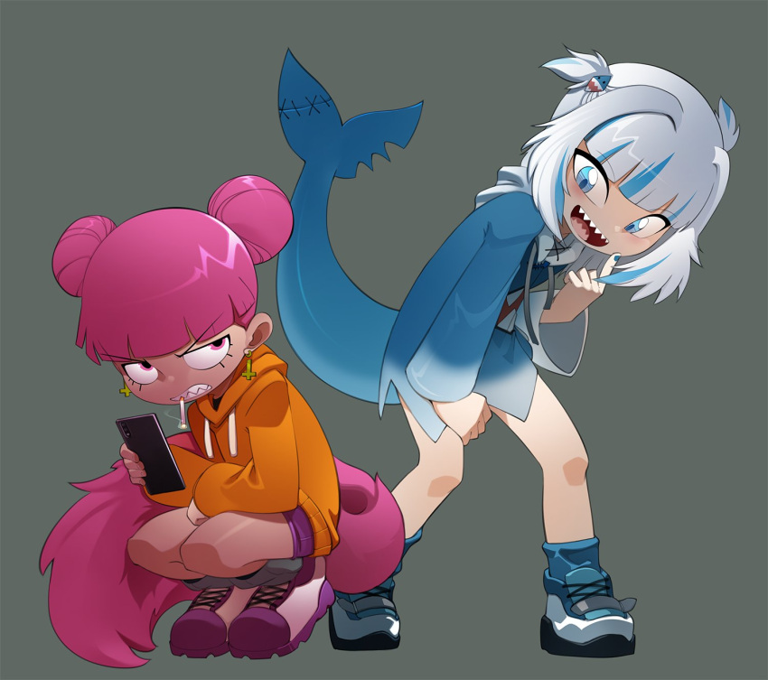 2girls, bleedman, blue_eyes, blue_hair, cigarette, clenched_teeth, commentary, cross, cross_earrings, daram_(ramdaram), double_bun, earrings, english_commentary, fins, fish_tail, gawr_gura, grey_background, grey_hair, hair_bun, hair_ornament, highres, hololive, hololive_english, hood, hoodie, inverted_cross_earrings, jewelry, multiple_girls, orange_hoodie, pink_eyes, pink_hair, purple_shorts, shark_hair_ornament, shark_tail, sharp_teeth, shoes, shorts, smoking, sneakers, squatting, tail, teeth, two_side_up, underfity_friends, v-shaped_eyebrows