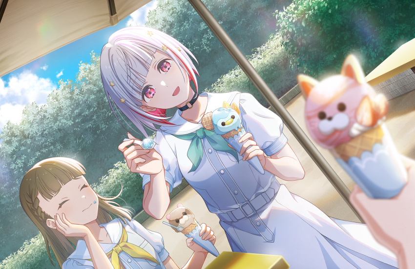3girls, :d, ^_^, animal-themed_food, aqua_neckerchief, bird, black_choker, blue_sky