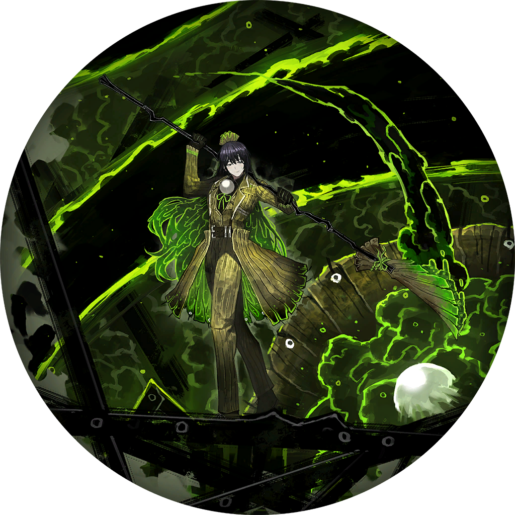 ambling_pearl, belt, black_hair, black_shirt, coat, e.g.o_(project_moon), effervescent_corrosion_(e.g.o), game_cg, gem, glaive_(polearm), green_coat, green_pants, headdress, holding, holding_polearm, holding_weapon, hong_lu_(project_moon), limbus_company, long_hair, nai_ga, neck_ribbon, official_art, pants, pearl_(gemstone), polearm, project_moon, ribbon, shirt, slime_(substance), solo_focus, vest, weapon