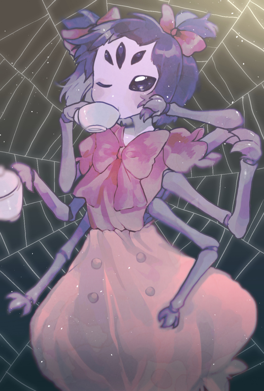 1girl, arthropod_girl, asano_(asamusuko), black_hair, bow, colored_skin, commentary, cowboy_shot, cup, extra_arms, extra_eyes, fewer_digits, hair_bow, highres, holding, holding_cup, holding_teapot, mixed-language_commentary, monster_girl, muffet, one_eye_closed, puffy_short_sleeves, puffy_sleeves, pumpkin-shaped_pants, purple_skin, short_hair, short_sleeves, silk, solo, spider_girl, spider_web, teacup, teapot, two_side_up, undertale