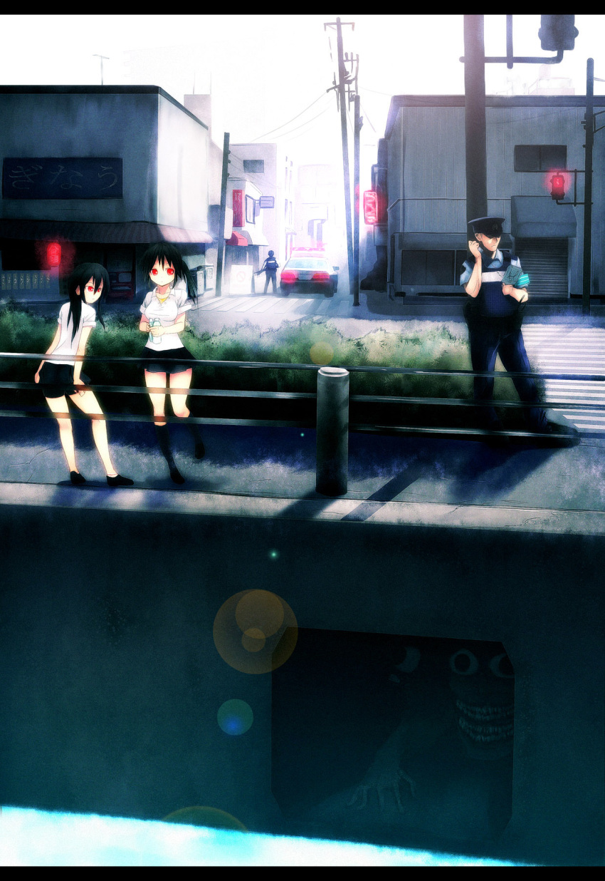 amano_tsubaki, black_hair, commentary, foxhound, highres, letterboxed, long_hair, monster