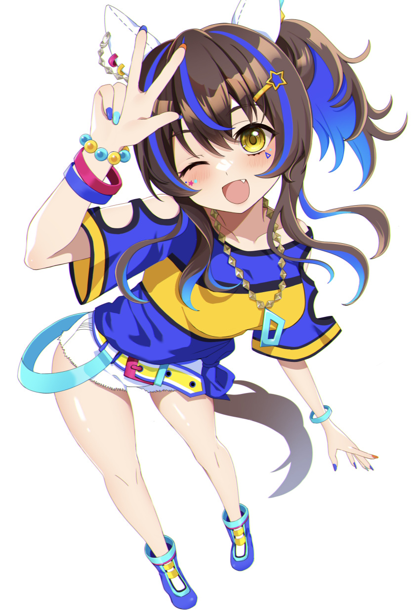 1girl, ;d, absurdres, animal_ears, bead_bracelet, beads, blue_hair, blue_shirt