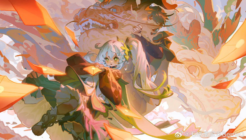 1boy, 1girl, alhaitham_(genshin_impact), alternate_costume, analogous_colors, behind_another, dot_nose, dragon