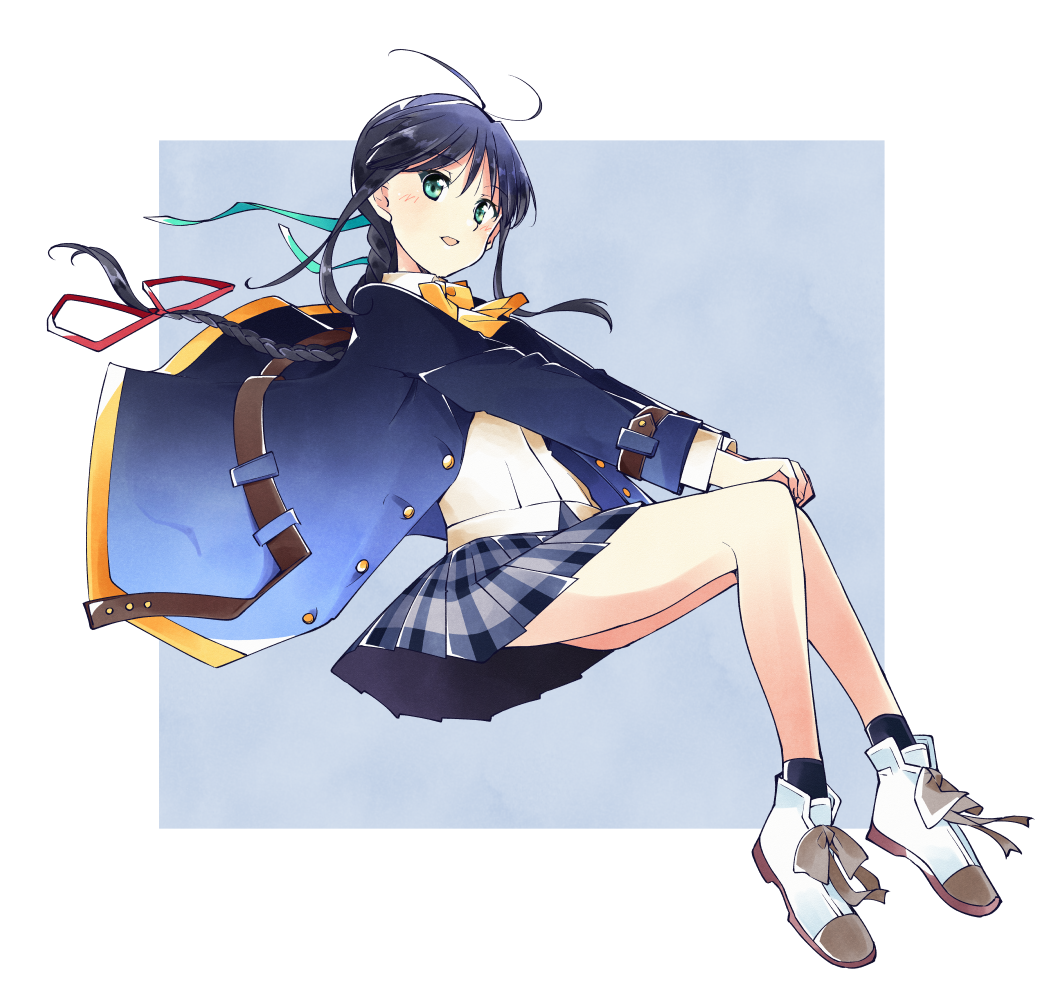 1girl, 22/7, antenna_hair, belt, black_hair, black_socks, blue_background, blue_jacket