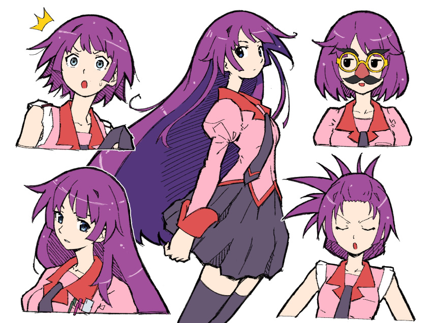 1girl, bakemonogatari, black_skirt, black_thighhighs, blue_eyes, breasts, collarbone, collared_shirt
