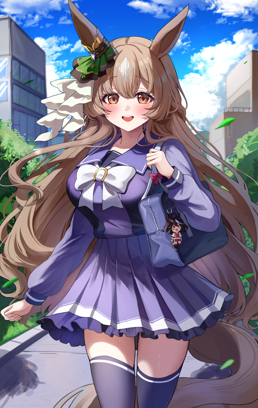 1girl, absurdres, animal_ears, bag, blue_sky, blush, bow, bowtie