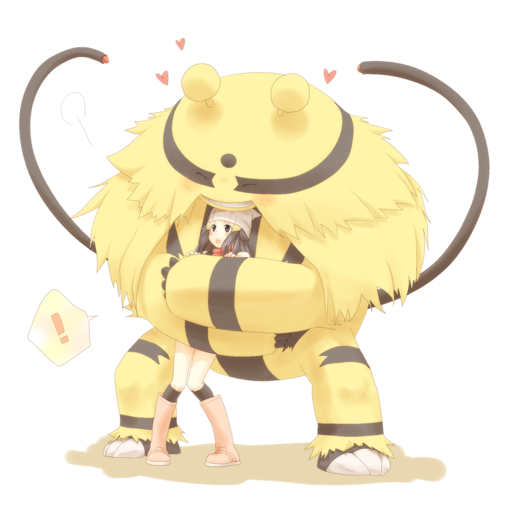1girl, beanie, black_eyes, black_hair, boots, electivire, hat, heart, hikari_(pokemon), hug, long_hair, pokemon, pokemon_(creature), rcg742, scarf