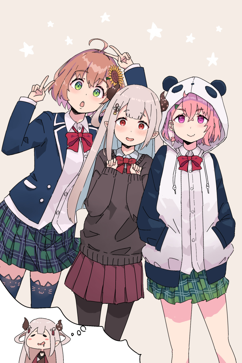 3girls, absurdres, animal_ear_legwear, animal_ears, animal_hood, arm_up, black_pantyhose, black_thighhighs