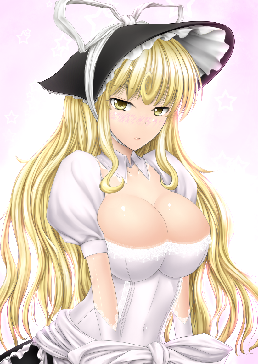adult, blonde_hair, blush, bonnet, breasts, cleavage, huge_breasts, invincible_marisa