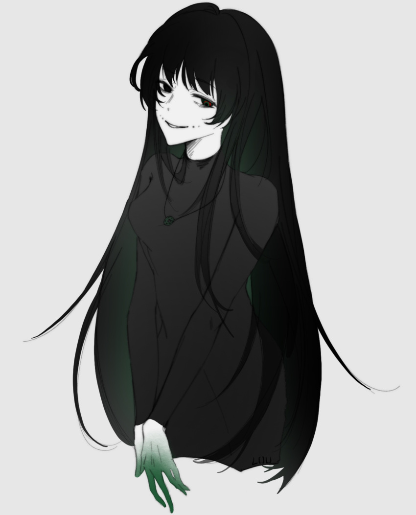 1girl, black_dress, black_eyes, black_hair, blunt_bangs, breasts, chinese_commentary, colored_extremities