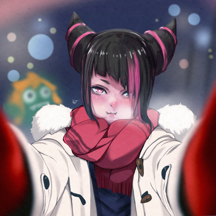 1girl, absurdres, black_hair, blanka-chan, blurry, coat, depth_of_field, drill_hair