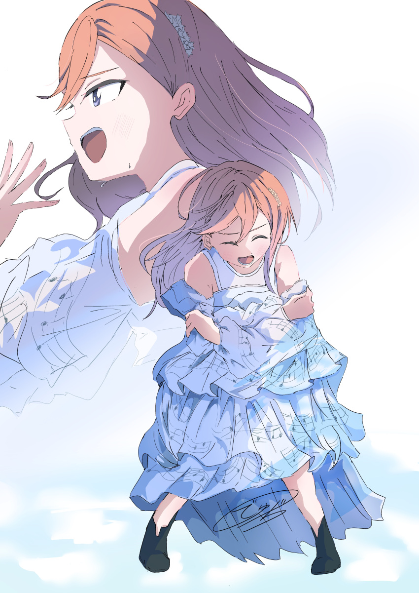 1girl, absurdres, artistic_error, bad_hands, black_footwear, boots, closed_eyes, commentary_request, dhuno_g, dress, free_flight_(love_live!), full_body, hair_between_eyes, hand_up, highres, layered_dress, long_sleeves, love_live!, love_live!_superstar!!, multiple_views, open_mouth, orange_hair, print_dress, shibuya_kanon, sideways_mouth, signature, staff_(music), sweat, white_dress