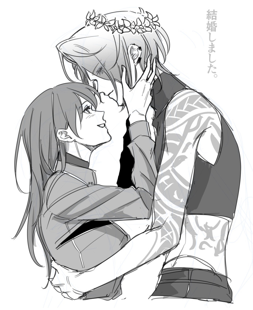 2girls, arm_tattoo, chief_(path_to_nowhere), closed_mouth, collared_shirt, commentary_request, crop_top, ear_piercing