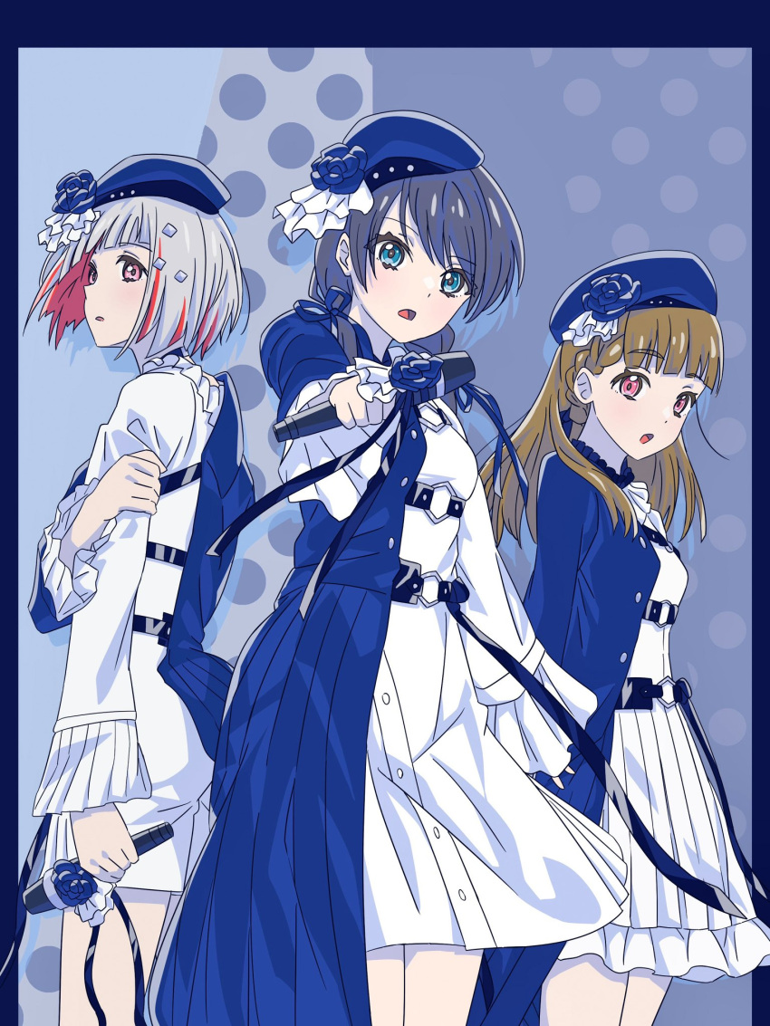 3girls, asymmetrical_clothes, asymmetrical_coat, beret, blue_border, blue_coat, blue_eyes, blue_hat