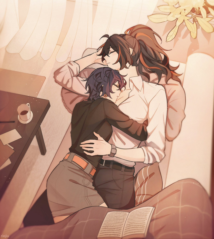 2girls, belle_(zenless_zone_zero), black_pants, black_shirt, blanket, blue_hair, book, closed_eyes, closed_mouth, coffee_mug, collared_shirt, commentary, commission, couch, cup, curtains, cushion, day, english_commentary, grey_skirt, hand_on_another's_waist, highres, indoors, light_particles, long_hair, long_sleeves, lying_on_person, mug, multicolored_hair, multiple_girls, on_couch, open_book, pants, parted_lips, pen, ponytail, redhead, riejiu, shirt, short_hair, skirt, sleeping, sleeping_on_person, streaked_hair, watch, watch, white_shirt, yuri, zenless_zone_zero, zhu_yuan
