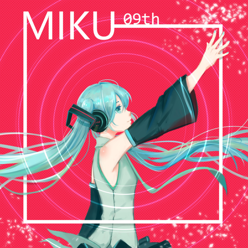 1girl, arm_up, black_skirt, blue_eyes, blue_hair, closed_mouth, commentary_request, detached_sleeves