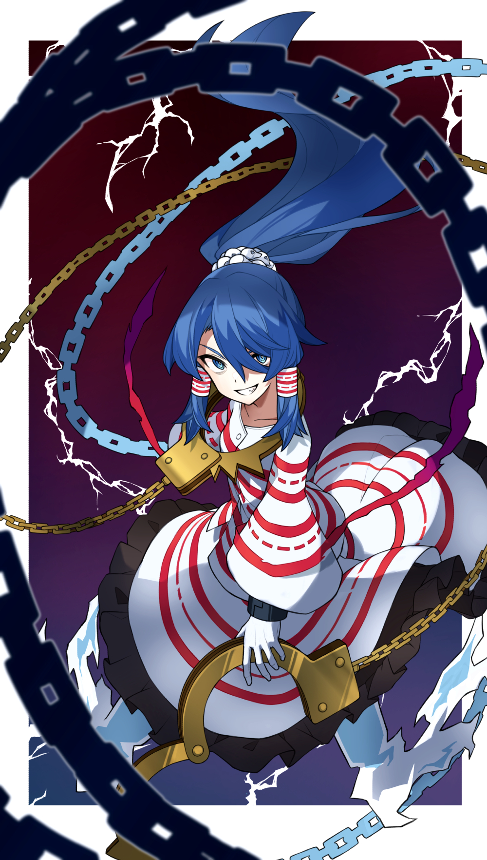 1girl, blue_eyes, blue_hair, ch00suke, chain, cuffs, foul_detective_satori, ghost_tail