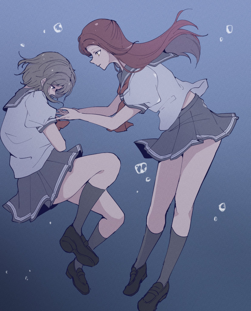 2girls, air_bubble, black_footwear, bubble, closed_mouth, commentary_request, from_side, grey_hair, grey_sailor_collar, grey_skirt, grey_socks, half_up_braid, highres, kiko_ycr, kneehighs, loafers, long_hair, looking_at_another, love_live!, love_live!_sunshine!!, multiple_girls, neckerchief, red_neckerchief, redhead, sailor_collar, sakurauchi_riko, school_uniform, shirt, shoes, short_hair, skirt, socks, summer_uniform, sunlight, underwater, uranohoshi_school_uniform, watanabe_you, white_shirt, yuri