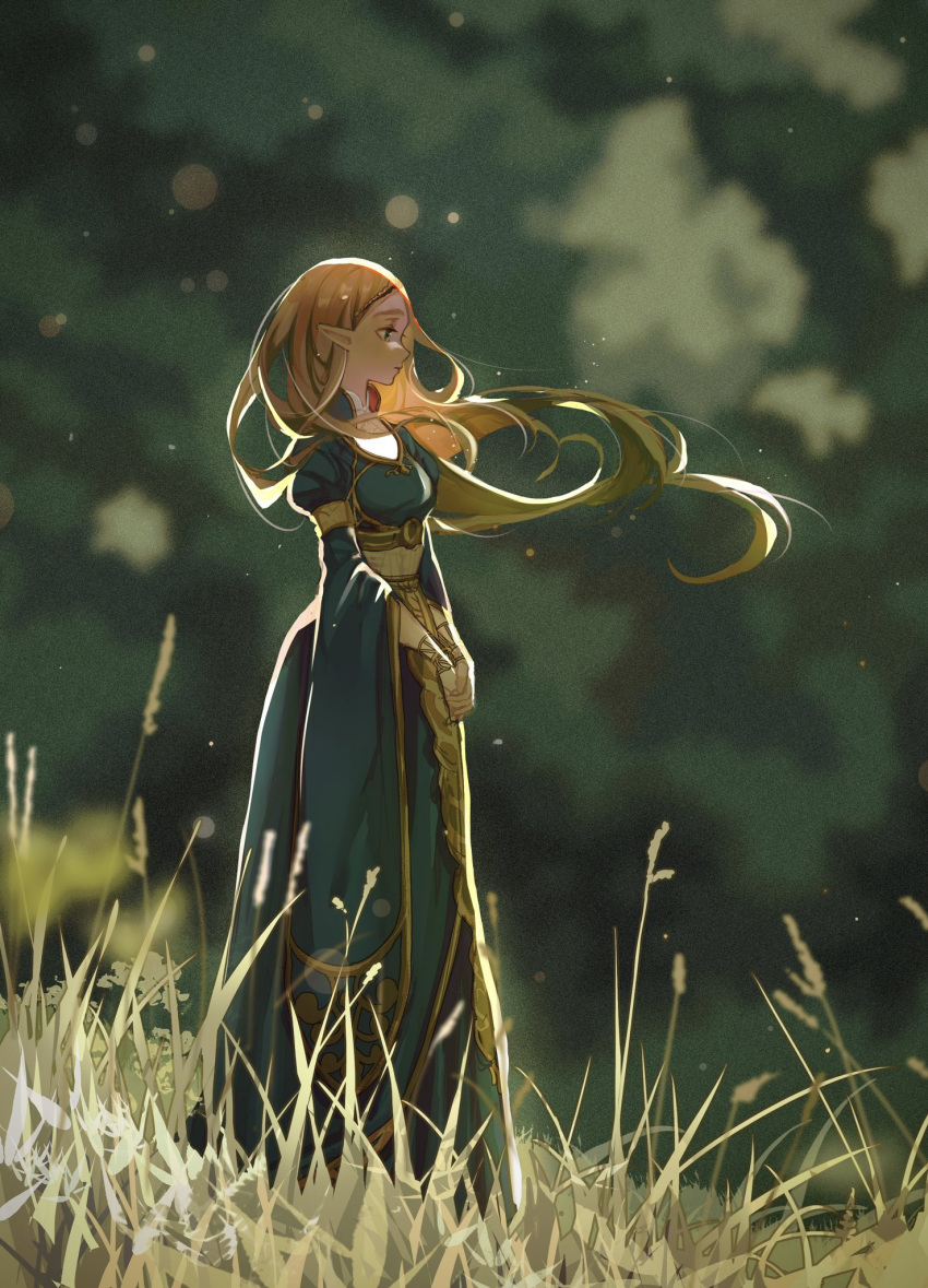 1girl, backlighting, blonde_hair, blue_dress, blurry, blurry_background, commentary, dress