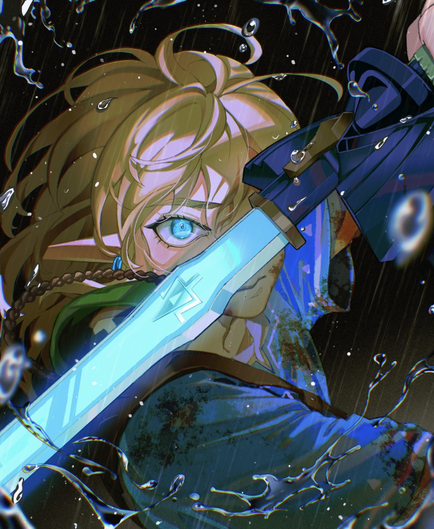 1boy, archaic_set_(zelda), blonde_hair, blue_eyes, blue_tunic, champion's_tunic_(zelda), closed_mouth, commentary, dark_background, dirty, dirty_clothes, dirty_face, earrings, highres, holding, holding_sword, holding_weapon, jewelry, jiuminene, link, looking_at_viewer, male_focus, master_sword, pointy_ears, shoulder_belt, solo, sword, the_legend_of_zelda, the_legend_of_zelda:_tears_of_the_kingdom, tunic, upper_body, water, weapon