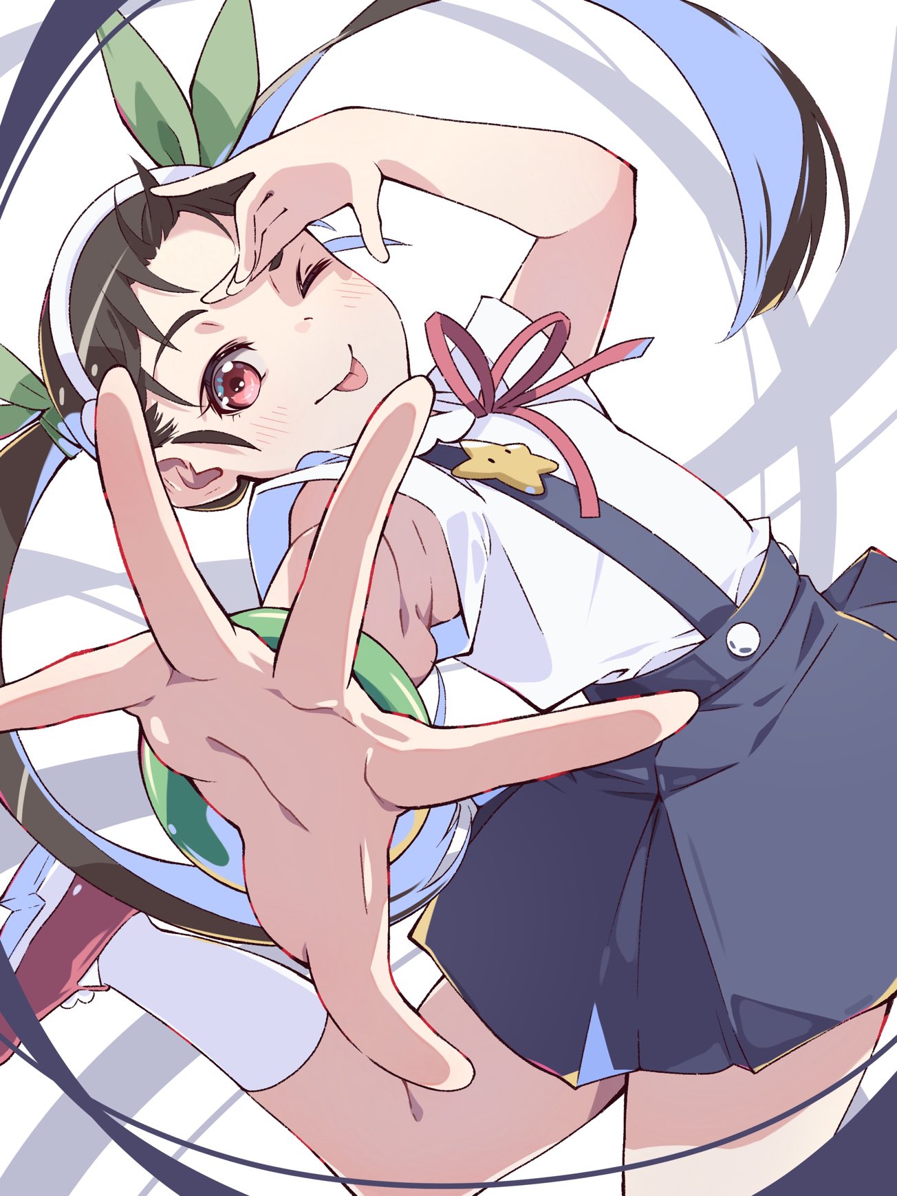 1girl, ;p, black_hair, blue_skirt, blush, bow, bowtie, bracelet