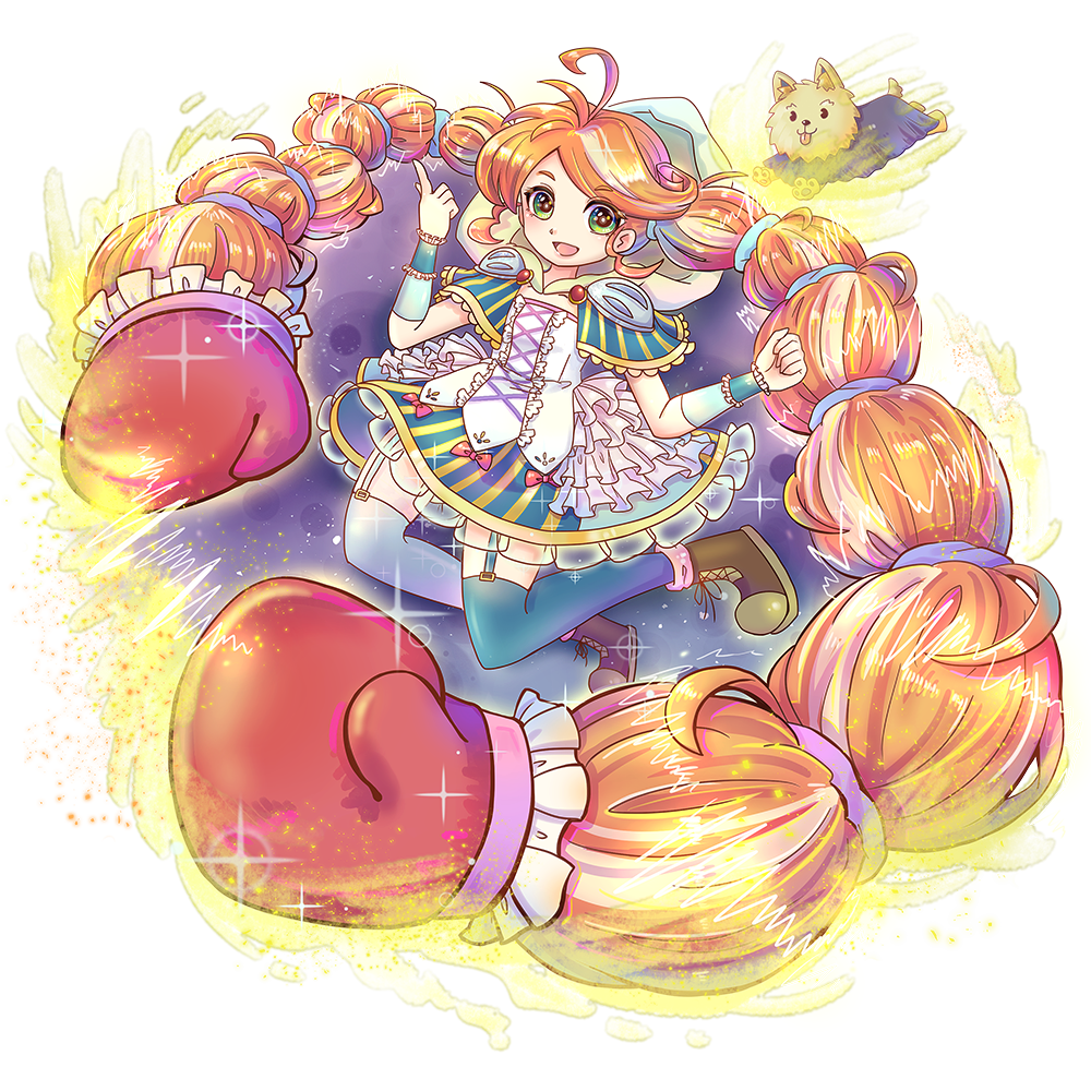 1girl, absurdly_long_hair, blue_thighhighs, blue_wrist_cuffs, boxing_gloves, braid, brown_footwear, chiuanzhang, dorothy_gale, full_body, garter_straps, green_eyes, index_finger_raised, long_hair, orange_hair, prehensile_hair, shirt, sidelocks, solo, the_wizard_of_oz, thigh-highs, toto_(twooz), transparent_background, twin_braids, very_long_hair, white_shirt, wrist_cuffs, yorkshire_terrier