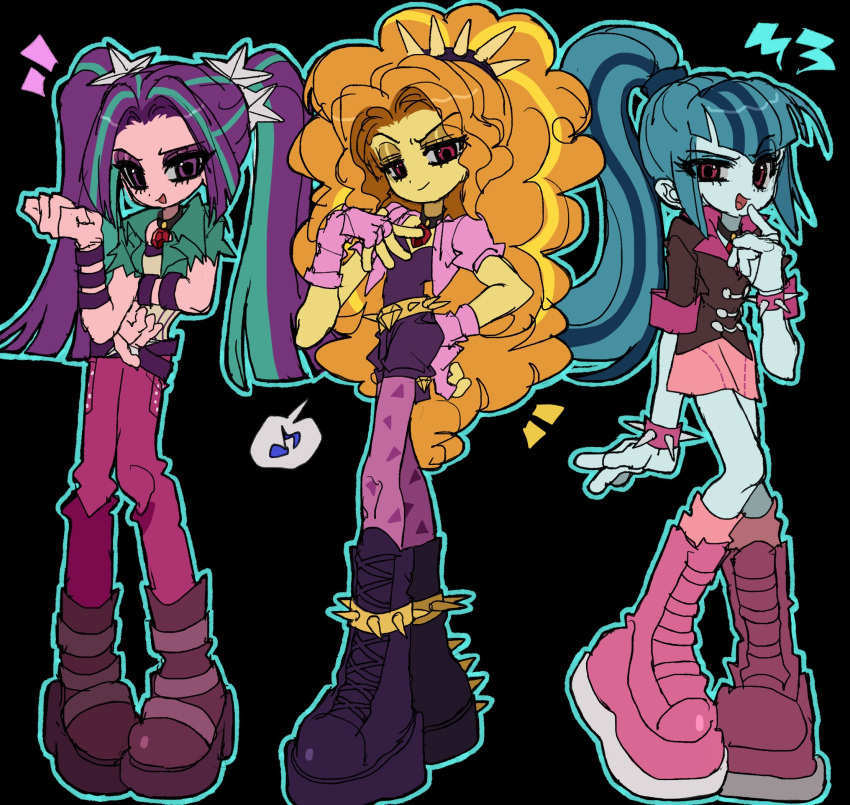 3girls, adagio_dazzle, aria_blaze, black_background, blue_hair, blue_skin, boots, bracelet, colored_skin, curly_hair, gloves, highres, jacket, jewelry, jwnn, looking_at_viewer, multicolored_hair, multiple_girls, my_little_pony, my_little_pony:_equestria_girls, my_little_pony:_friendship_is_magic, necklace, orange_hair, orange_skin, pants, pantyhose, pink_eyes, pink_footwear, pink_gloves, pink_jacket, pink_pants, pink_pantyhose, pink_skin, pink_skirt, ponytail, purple_footwear, purple_hair, purple_shirt, purple_shorts, red_eyes, shirt, short_sleeves, shorts, simple_background, skirt, smile, sonata_dusk, spiked_boots, spiked_bracelet, spikes, streaked_hair, twintails, violet_eyes