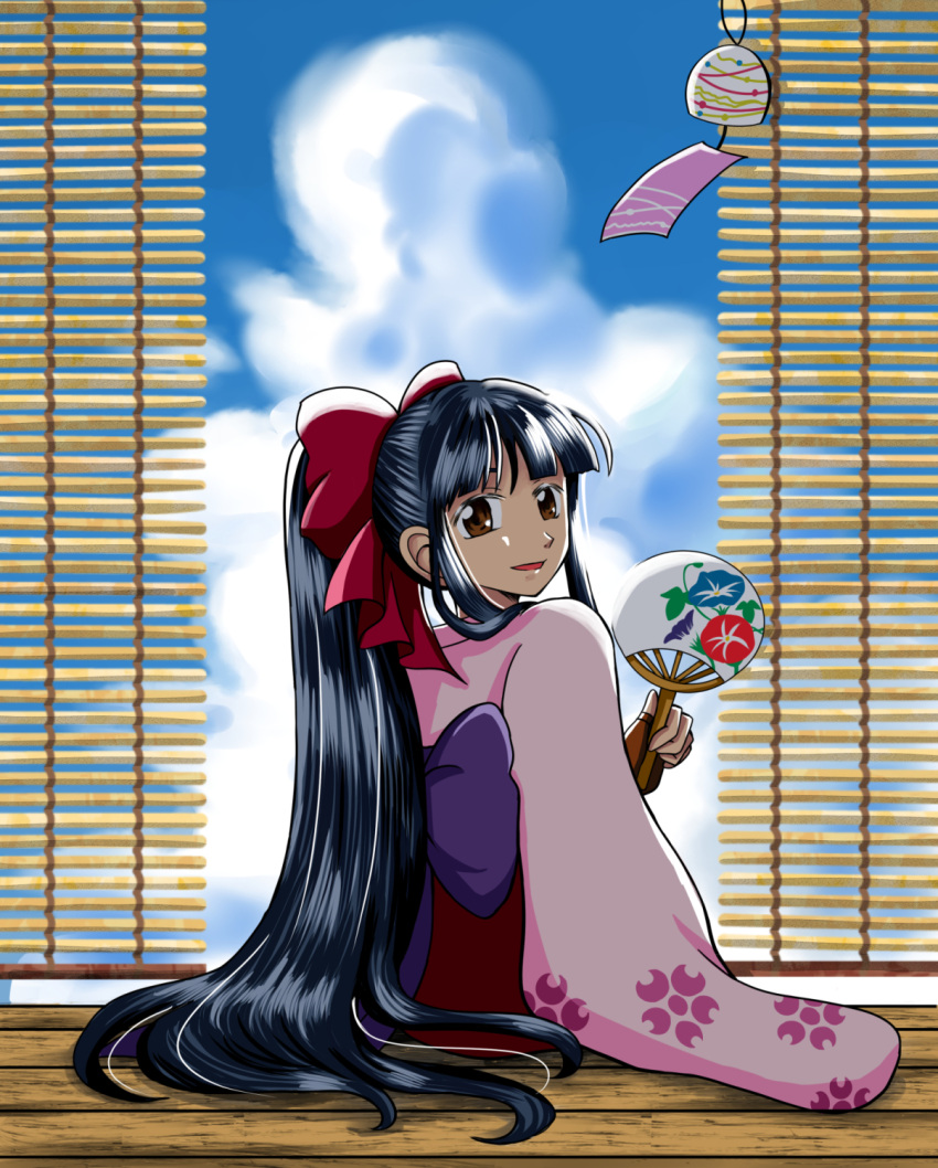 1girl, akatsuki_yusura, black_hair, blunt_bangs, bow, brown_eyes, from_behind, hair_bow