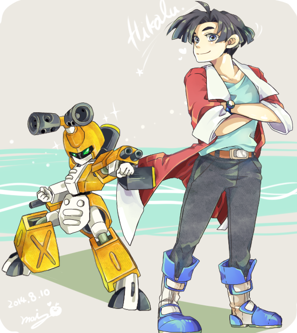 1boy, agata_hikaru, ahoge, arm_cannon, black_hair, blue_eyes, crossed_arms, humanoid_robot