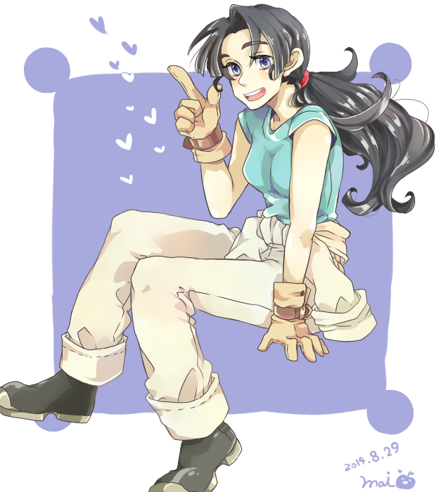 1girl, aged_up, akihabara_nae, black_hair, blue_eyes, brown_jumpsuit, gloves, jumpsuit