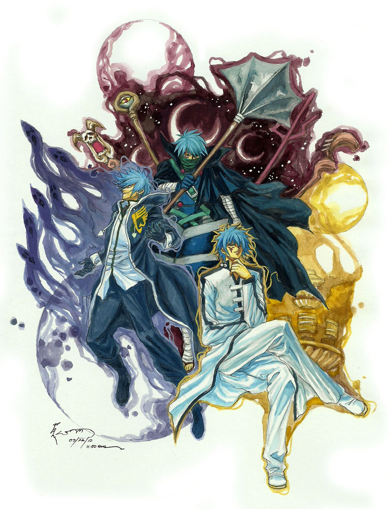 alexielart, bandage, bandages, blue_hair, cloak, coat, crossed_legs, fairy_tail