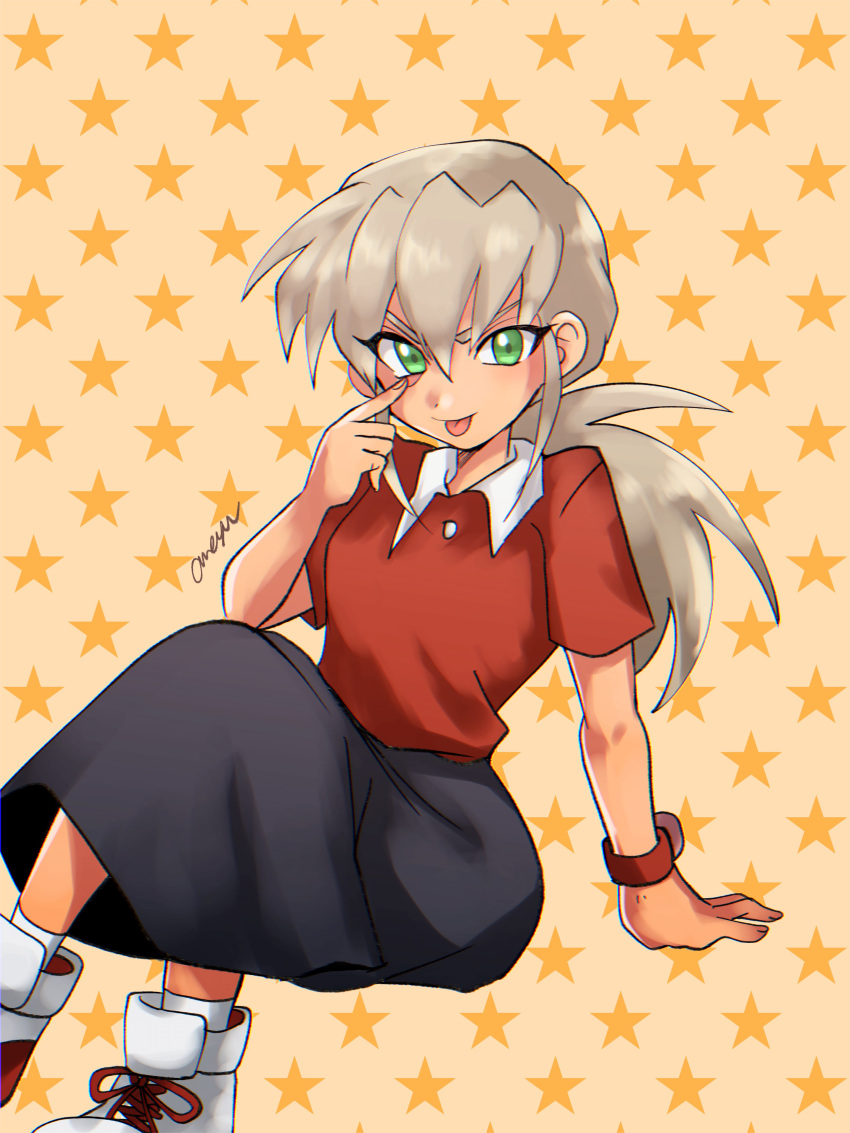 1girl, absurdres, amayu_(amaamailust), green_eyes, highres, iseki_(medarot), light_brown_hair, long_hair, long_skirt, looking_at_viewer, medarot, medarot_1, medawatch, ponytail, red_shirt, shirt, skirt, solo, tongue, tongue_out, watch, watch