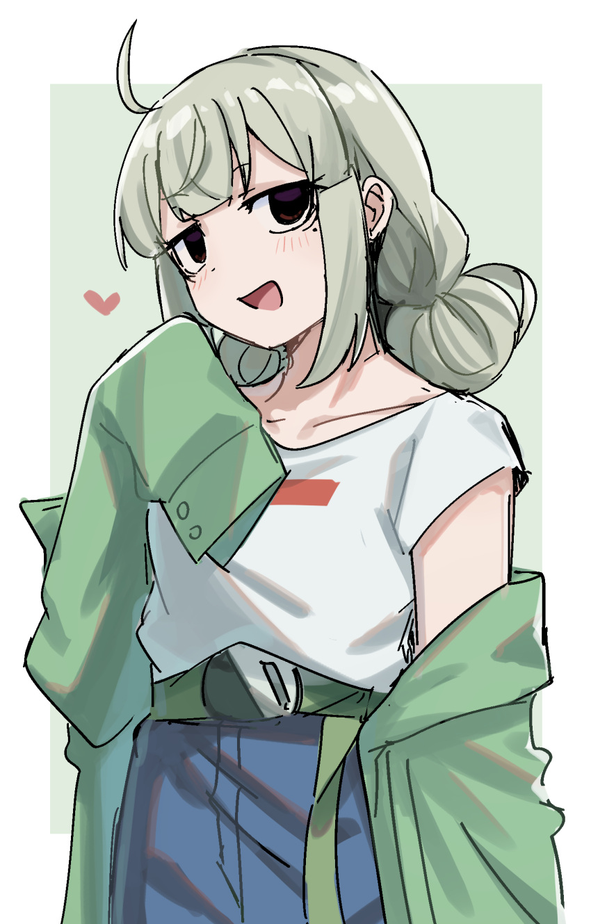 1girl, :d, ahoge, aoki_shizumi, araga_kiwi, belt, blue_skirt, blush