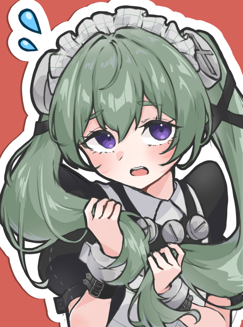 1girl, absurdres, aoooi1031, apron, blush, commentary_request, corin_wickes, flying_sweatdrops, green_hair, hair_between_eyes, highres, holding, holding_own_hair, long_hair, maid, maid_apron, maid_headdress, open_mouth, puffy_short_sleeves, puffy_sleeves, red_background, screw_hair_ornament, short_sleeves, simple_background, solo, teeth, twintails, upper_teeth_only, violet_eyes, white_apron, zenless_zone_zero