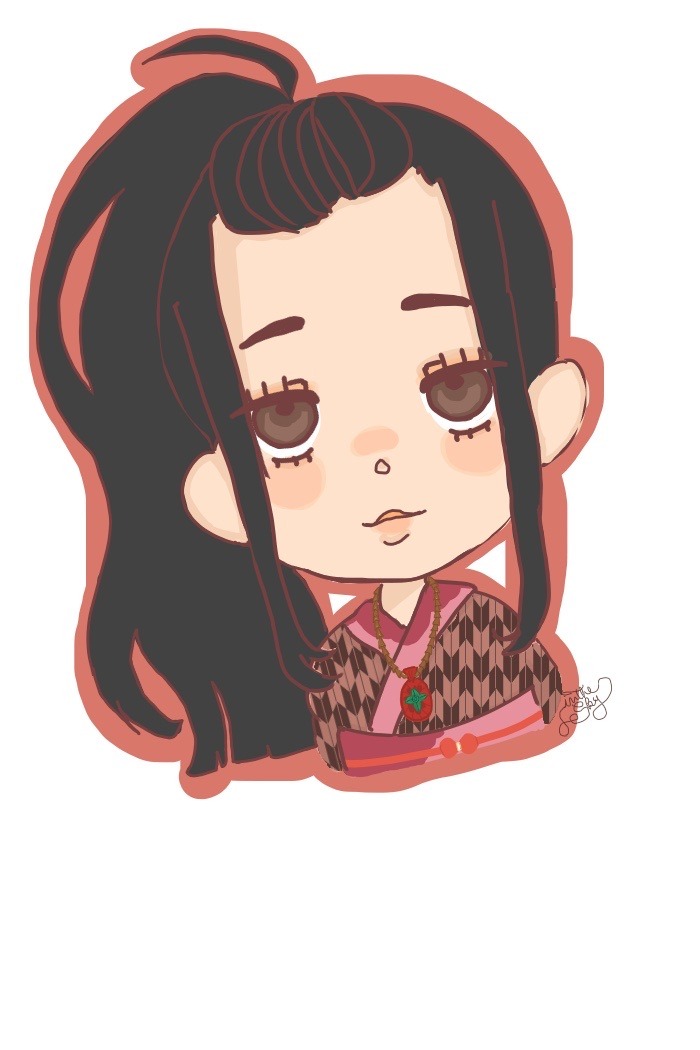 1girl, amulet, black_hair, blush, brown_eyes, chibi, cute, daikaiju_yuki