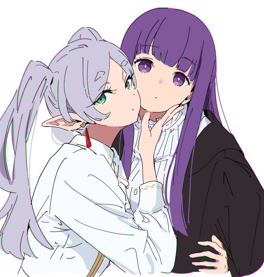 2girls, absurdres, atenaba, blunt_bangs, chromatic_aberration, earrings, elf, expressionless