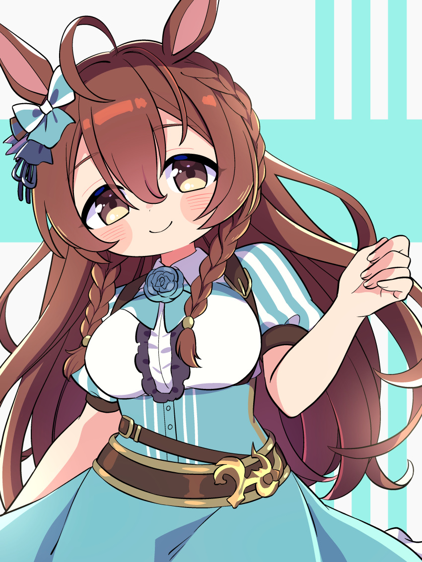 1girl, absurdres, blue_background, braid, breasts, brown_eyes, brown_hair, clenched_hand