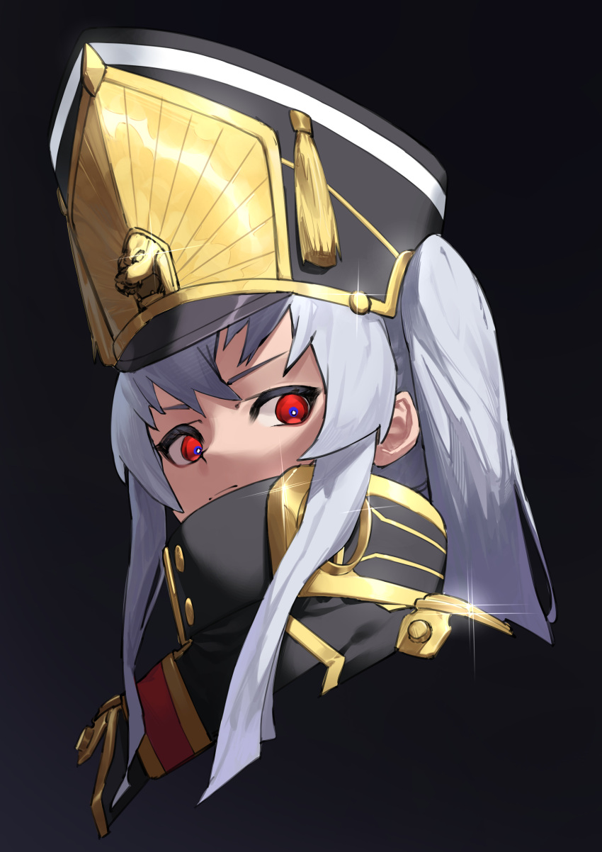 1girl, absurdres, altair_(re:creators), black_background, black_hat, closed_mouth, english_commentary, from_below