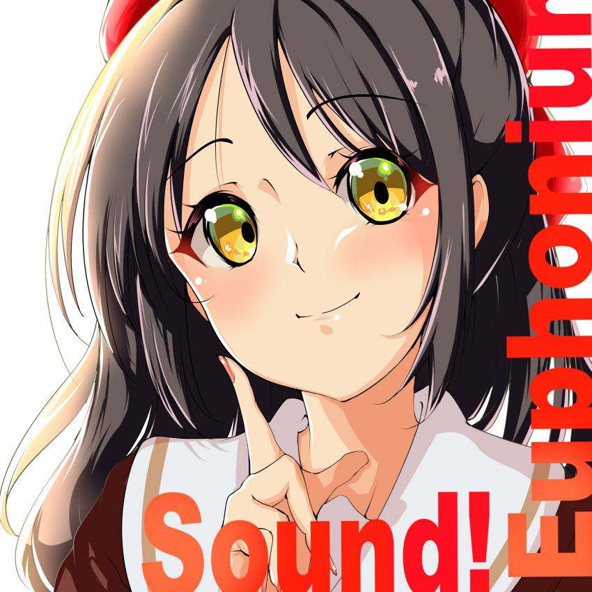 1girl, absurdres, black_hair, copyright_name, hibike!_euphonium, highres, index_finger_raised, kanmuri_neko