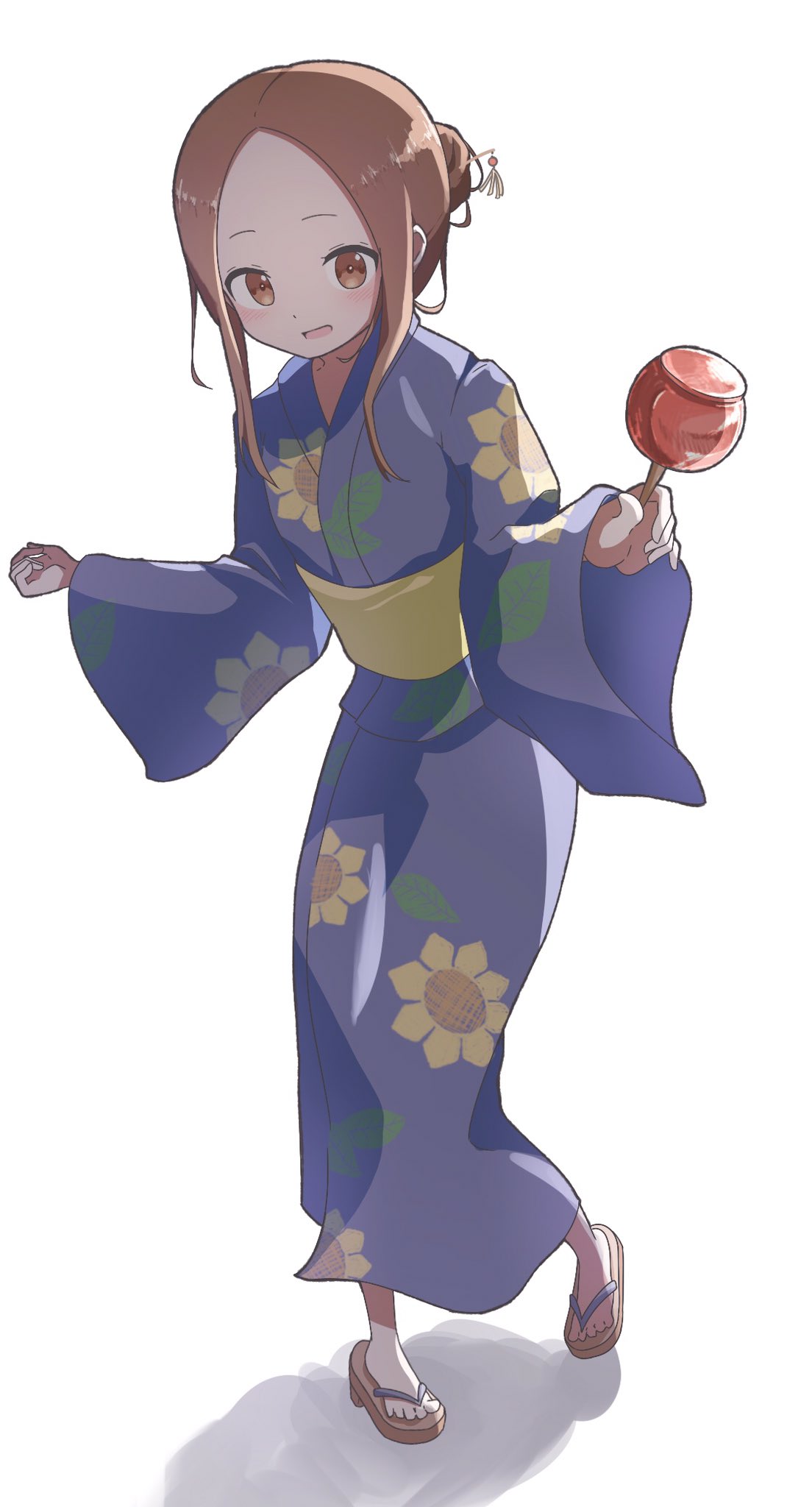 1girl, backlighting, blue_kimono, brown_eyes, brown_hair, candy_apple, commentary_request, floral_print_kimono