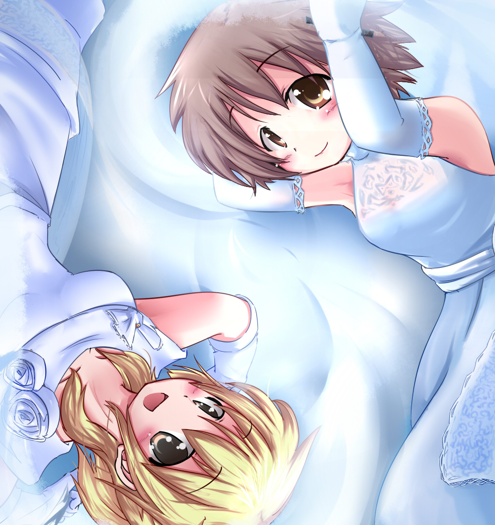 bad_id, blonde_hair, blush, brown_eyes, brown_hair, dress, elbow_gloves, gloves