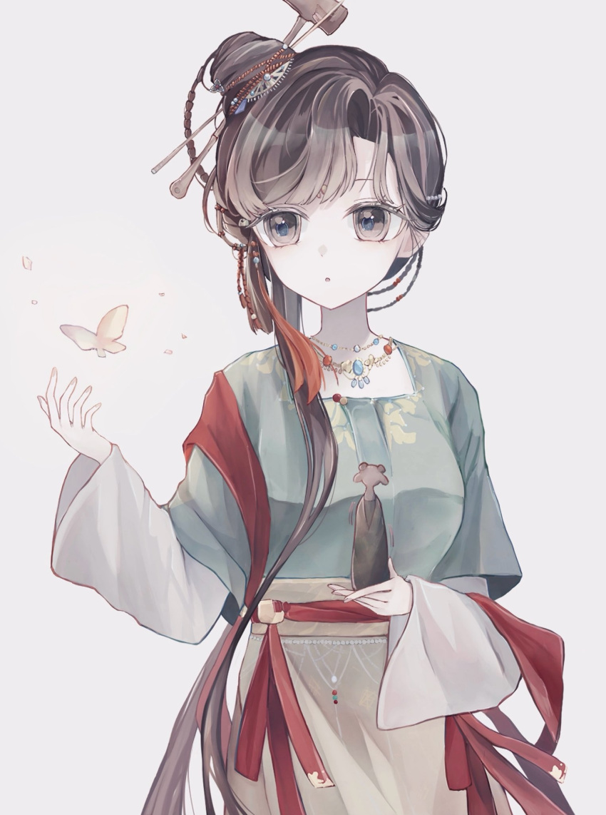 1girl, :o, black_eyes, black_hair, bug, butterfly, chinese_clothes, chinese_hairpin