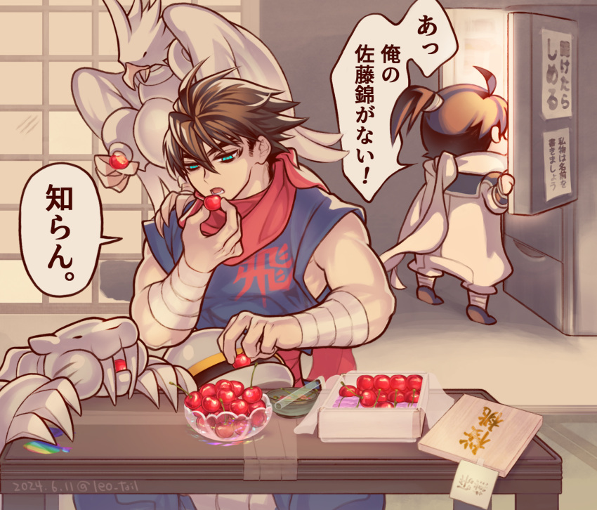 2boys, ahoge, aqua_eyes, black_hair, brown_hair, cherry, chibi, commentary_request