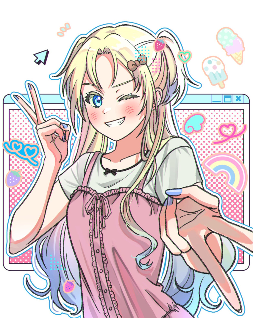 1girl, ;d, blonde_hair, blue_eyes, blue_hair, blue_nails, blush, breasts
