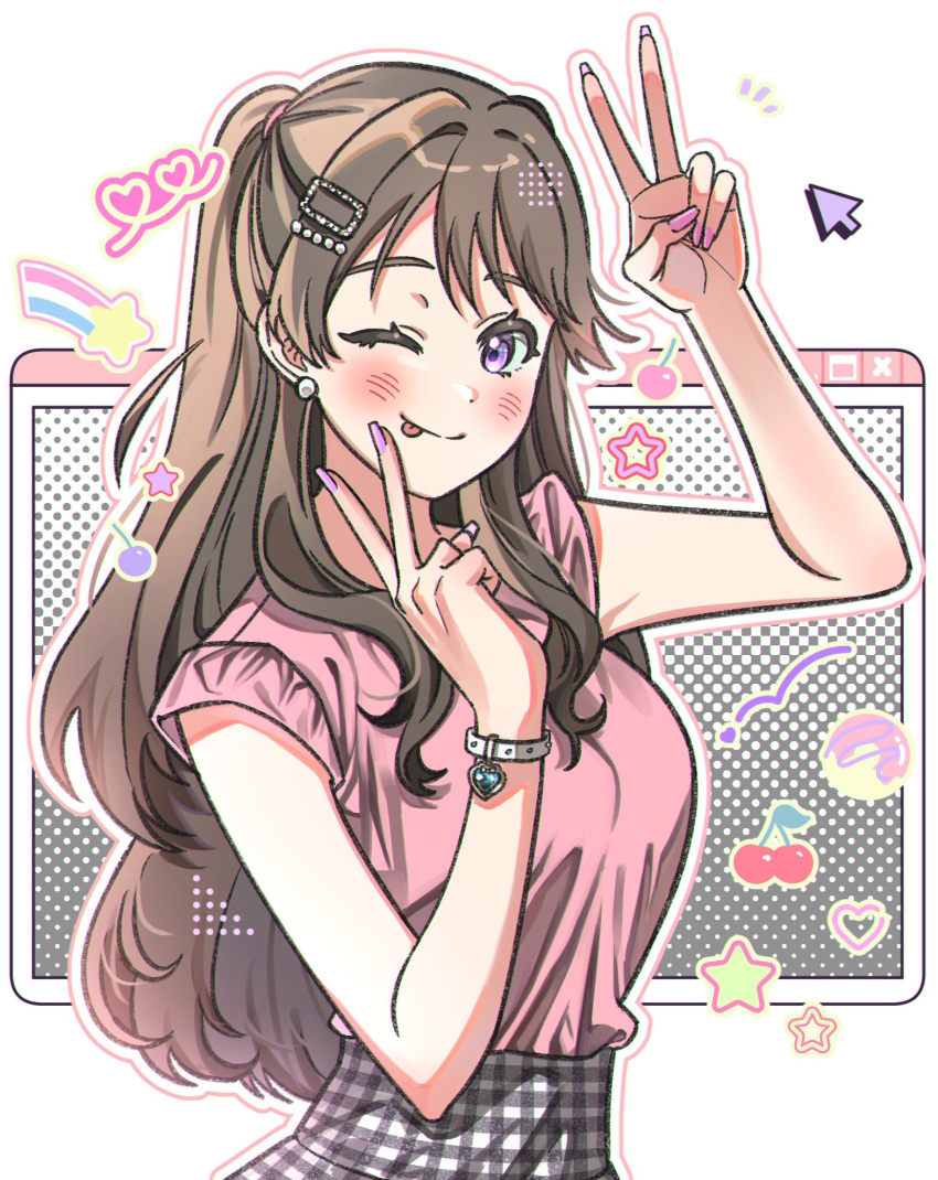 1girl, ;p, black_skirt, blush, bracelet, breasts, brown_hair, casual