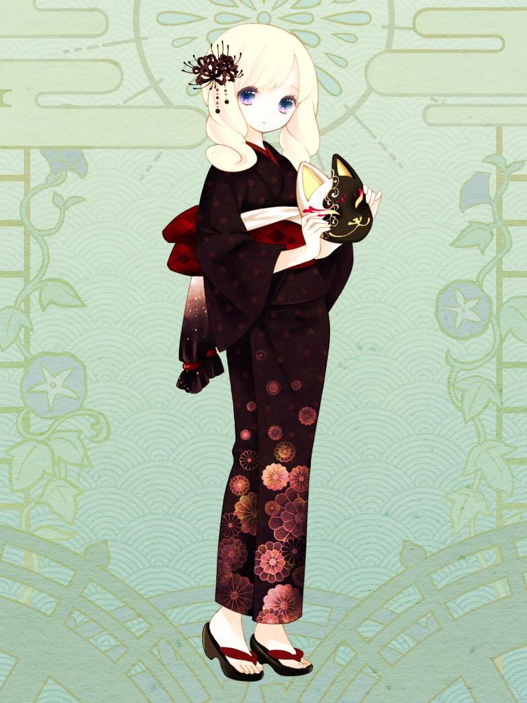 1girl, black_kimono, blonde_hair, claire_ortiz, dairoku_ryouhei, floral_print, flower, fox_mask