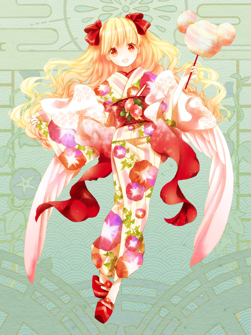 1girl, :d, blonde_hair, bow, cotton_candy, dairoku_ryouhei, floral_print_kimono, full_body