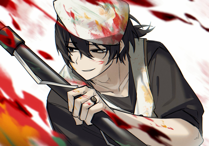 0back022_lim, 1boy, apron, beret, black_eyes, black_hair, black_shirt, blood