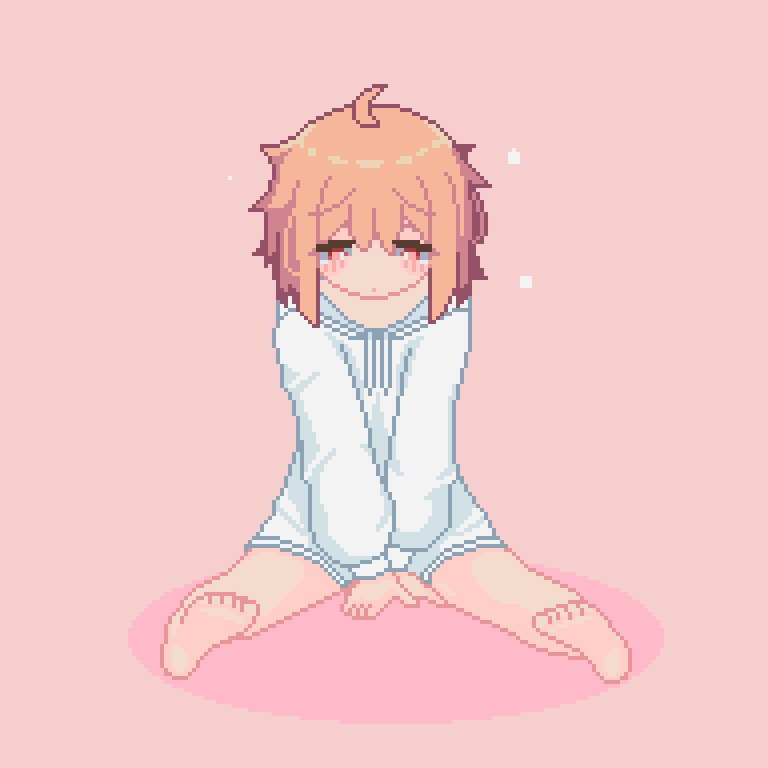 ..., 1girl, ahoge, animated, animated_gif, arms_between_legs, barefoot, bottomless, bouncing, feet, flat_chest, full_body, hood, hoodie, looking_down, looping_animation, orange_hair, original, pink_background, pixel_art, short_hair, simple_background, soles, solo, sotie, sweatdrop, toes, v_arms, white_hoodie, wiggling_toes